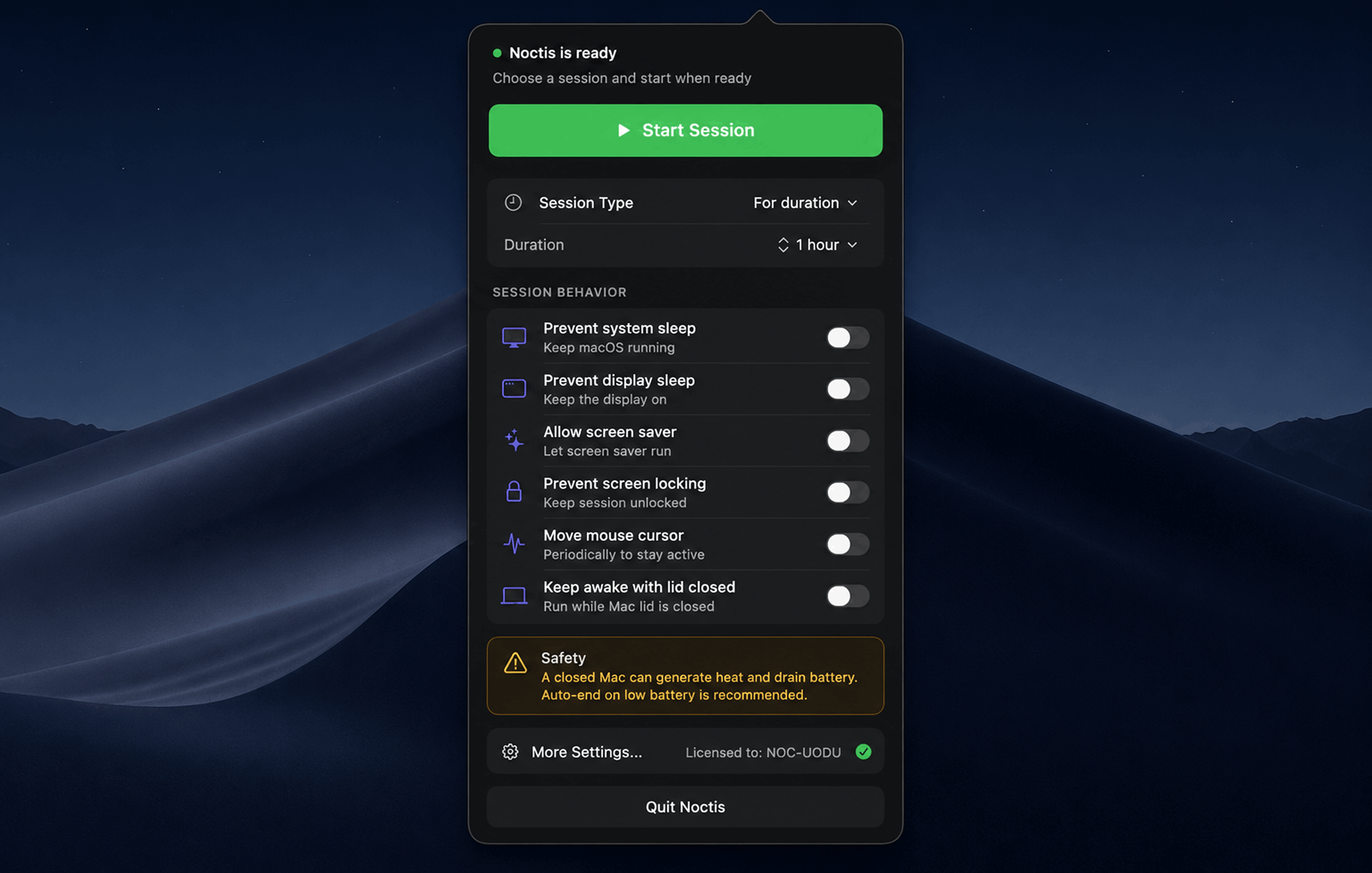 Noctis macOS menu bar popover showing the keep-awake toggle