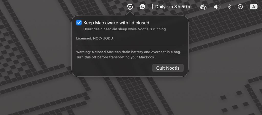 Noctis macOS menu bar popover showing the keep-awake toggle